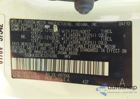 2012 Toyota Sienna Le 8 Passenger из США, поврежденный, VIN 5TDKA3DC9CS014086